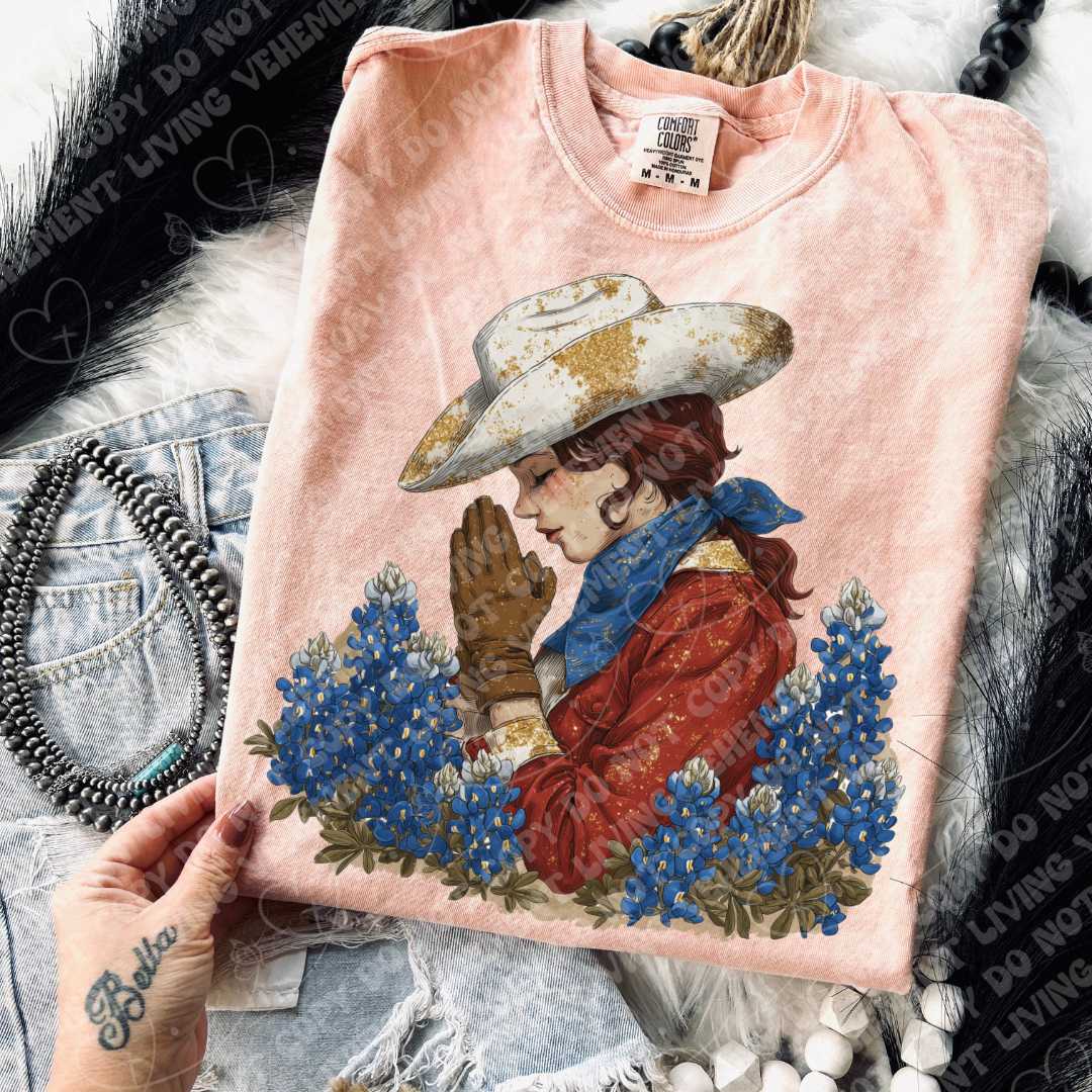 Praying Cowgirl with Bluebonnets digital design | clipart