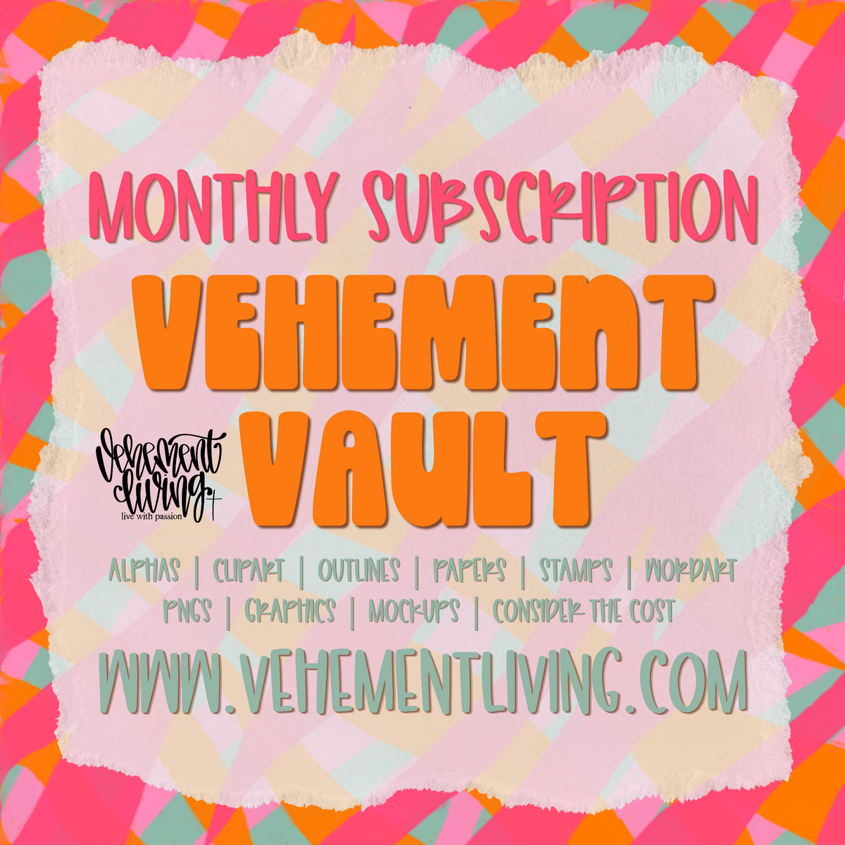 Vehement Vault digital design membership featuring PNG graphics, Christian artwork, clipart, digital papers and creative resources