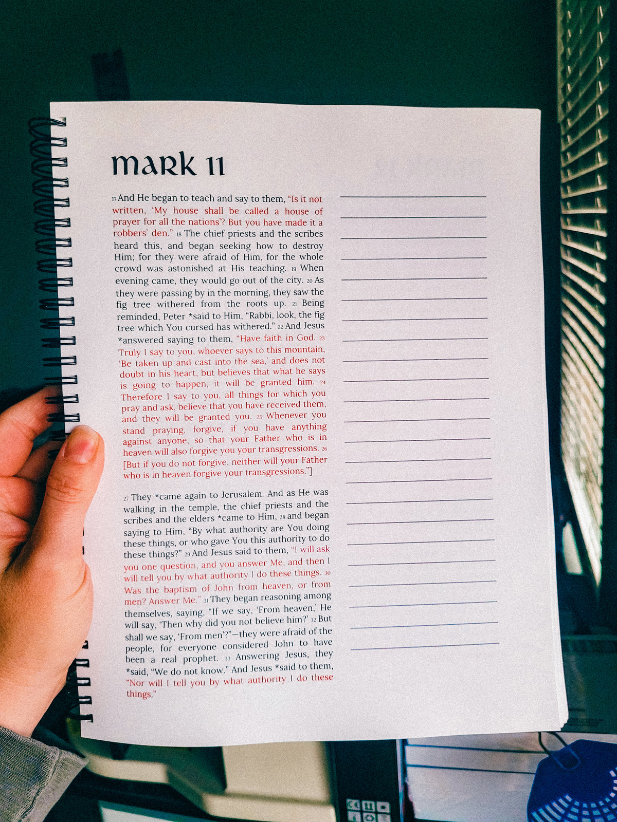 Mark chapter 11 in the spiral-bound Bible with spacious margins for Bible journaling, prayers and handwritten notes