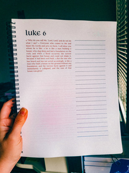Inside the spiral-bound Bible showing Luke chapter 6 with generous journaling space for Scripture study notes