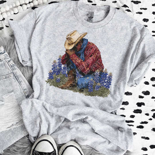 Praying Cowboy with Bluebonnets digital design | clipart