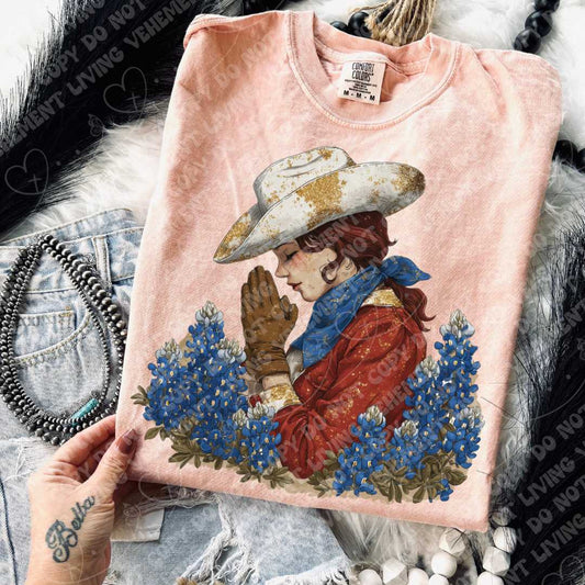 Praying Cowgirl with Bluebonnets digital design | clipart